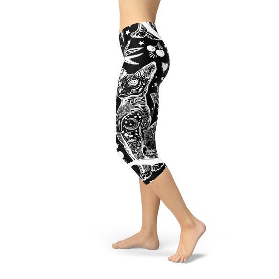 Womens Black Magic Cat Capri Leggings - Anna's Shop