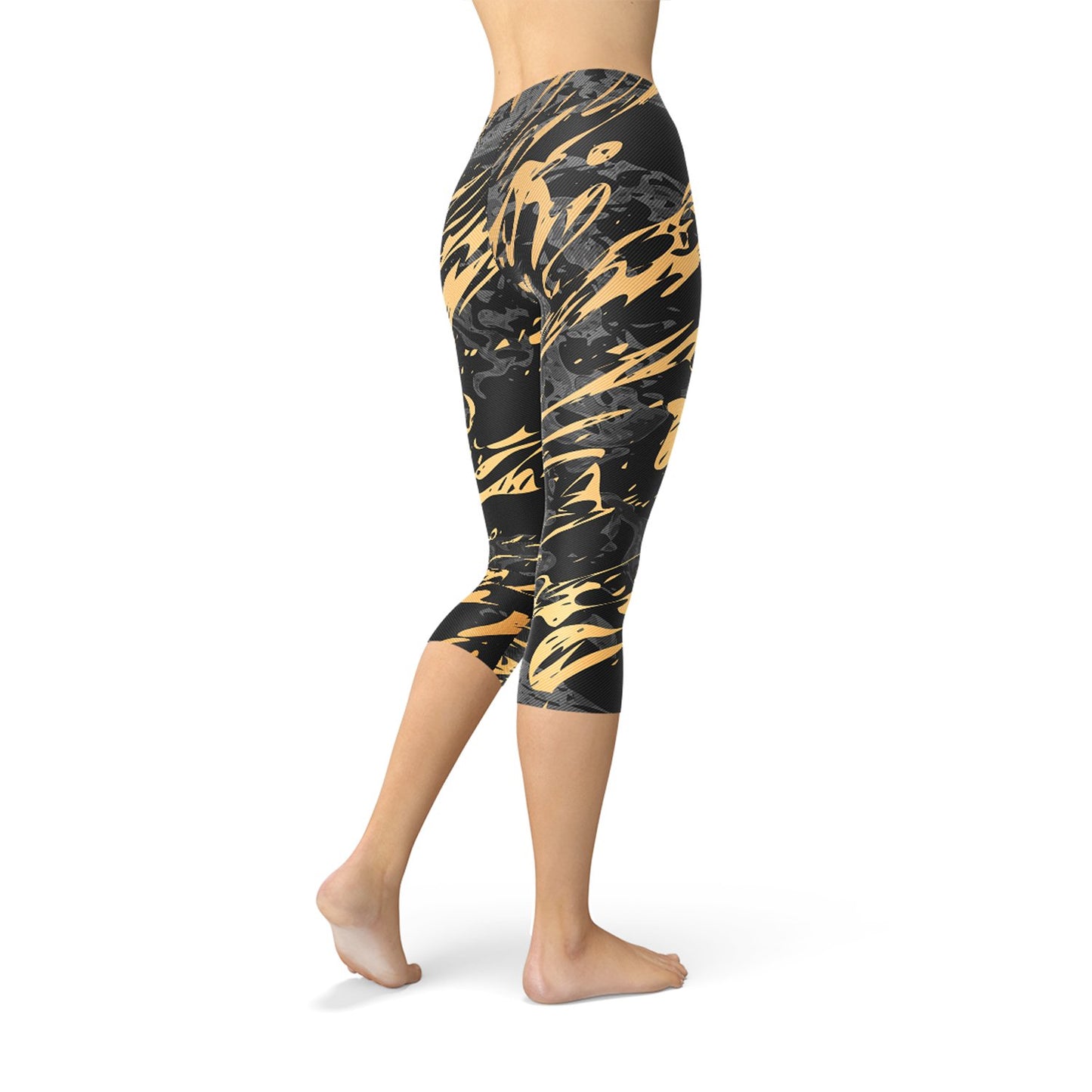 Womens Black Marble w/ Gold Splash Capri Leggings - Anna's Shop