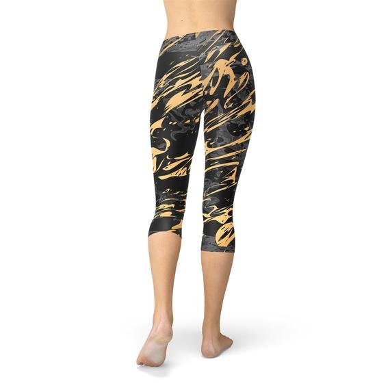 Womens Black Marble w/ Gold Splash Capri Leggings - Anna's Shop