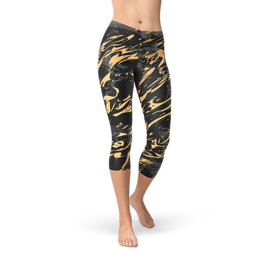 Womens Black Marble w/ Gold Splash Capri Leggings - Anna's Shop