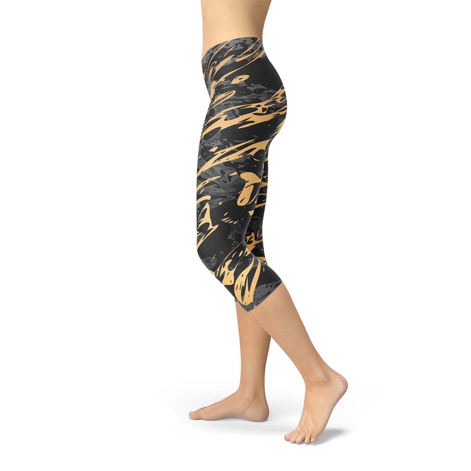 Womens Black Marble w/ Gold Splash Capri Leggings - Anna's Shop