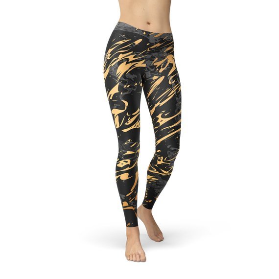 Womens Black Marble w/ Gold Splash Leggings - Anna's Shop