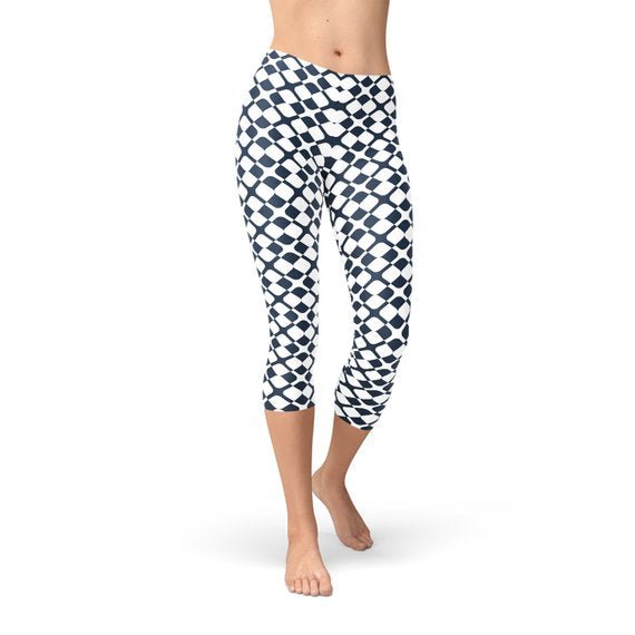 Womens Geometric Blue Tile Capri Leggings - Anna's Shop