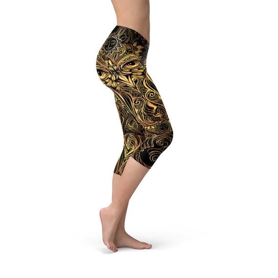 Womens Golden Ornament Owl Capri Leggings - Anna's Shop