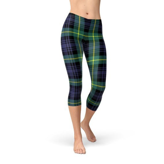 Womens Green and Blue Tartan Capri Leggings - Anna's Shop