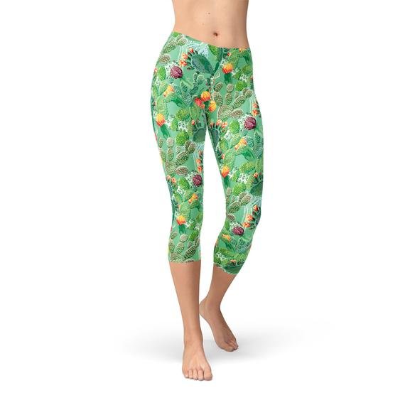 Womens Green Cactus Capri Leggings - Anna's Shop