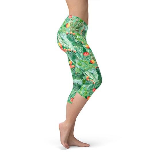 Womens Green Cactus Capri Leggings - Anna's Shop