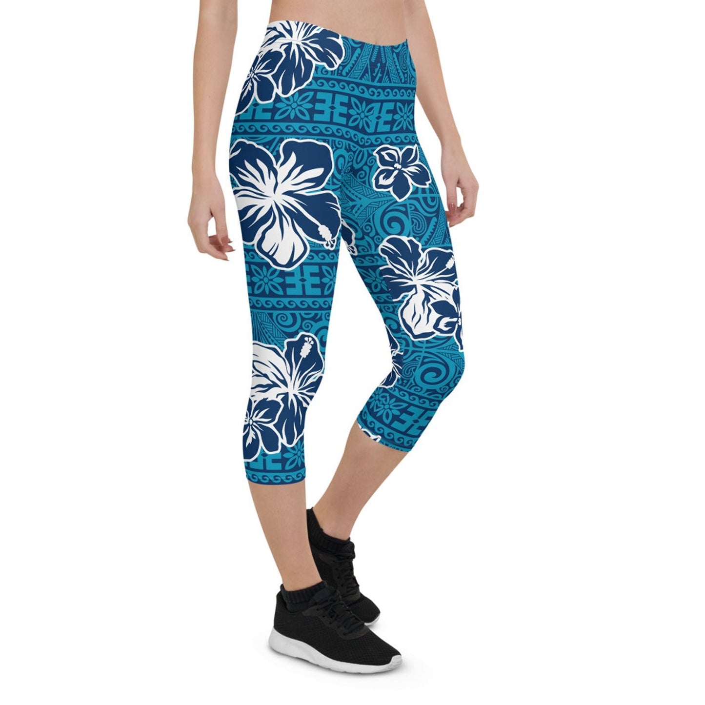 Womens Hawaii Hibiscus Blue Floral Capri Leggings - Anna's Shop