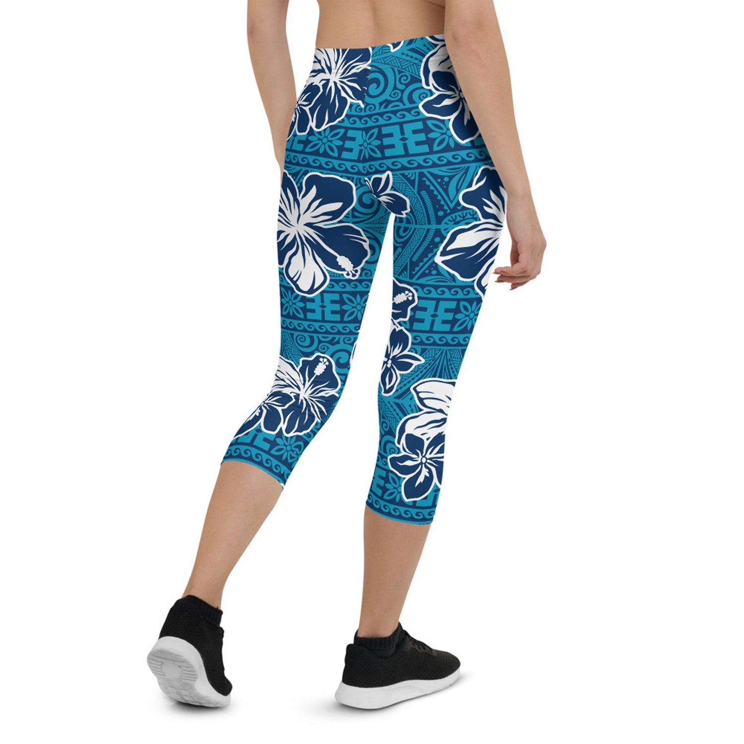 Womens Hawaii Hibiscus Blue Floral Capri Leggings - Anna's Shop