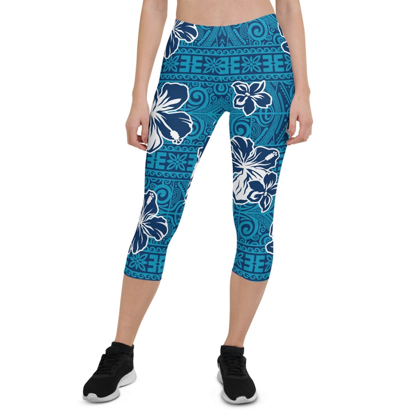 Womens Hawaii Hibiscus Blue Floral Capri Leggings - Anna's Shop