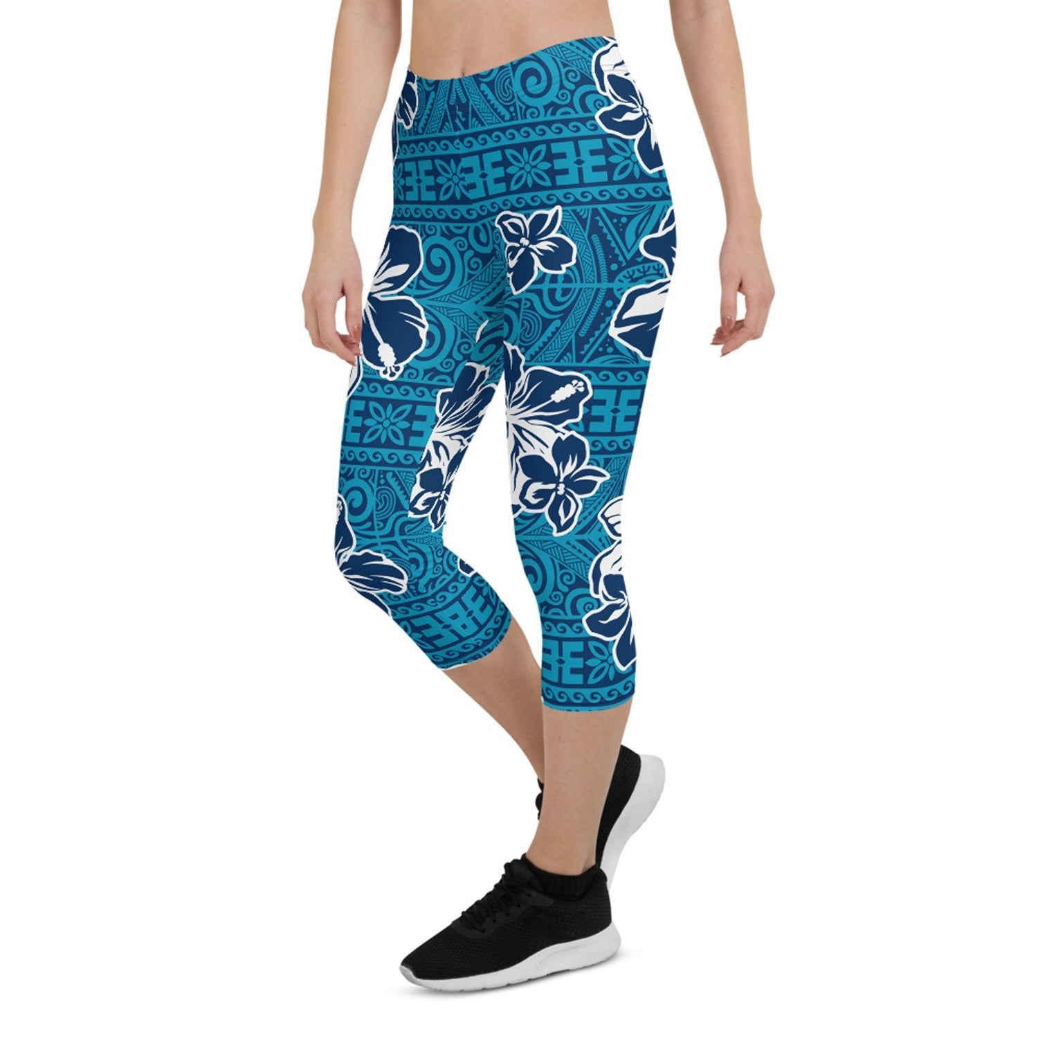 Womens Hawaii Hibiscus Blue Floral Capri Leggings - Anna's Shop