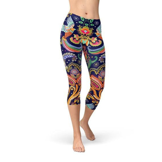 Womens Ornamental Blue Paisley Capri Leggings - Anna's Shop