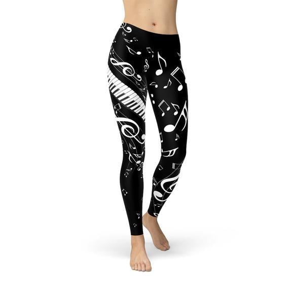 Womens Piano Notes Black Leggings - Anna's Shop