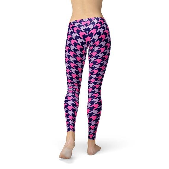 Womens Pink Purple Houndstooth Leggings - Anna's Shop