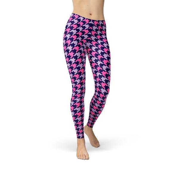 Womens Pink Purple Houndstooth Leggings - Anna's Shop