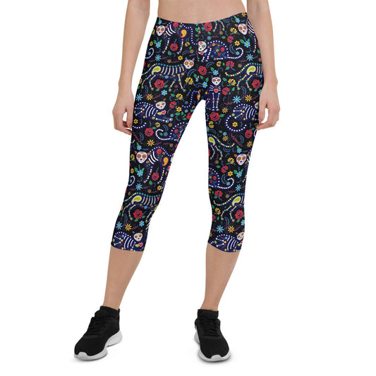 Womens Sugar Skull Cat Capri Leggings - Anna's Shop