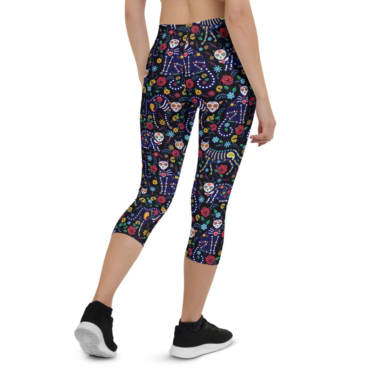 Womens Sugar Skull Cat Capri Leggings - Anna's Shop