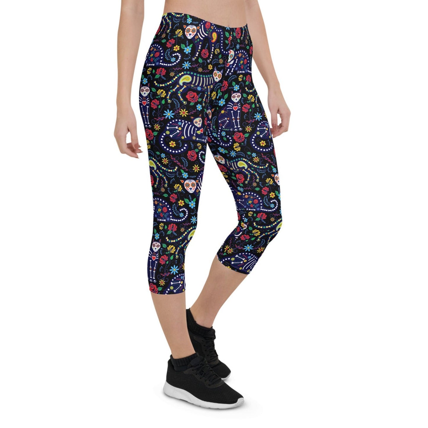 Womens Sugar Skull Cat Capri Leggings - Anna's Shop