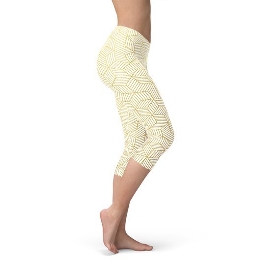 Womens White Capri Leggings w/ Geometric Cubes - Anna's Shop