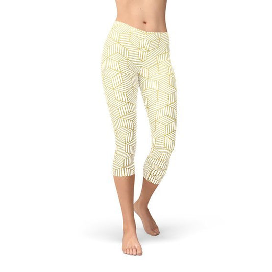 Womens White Capri Leggings w/ Geometric Cubes - Anna's Shop