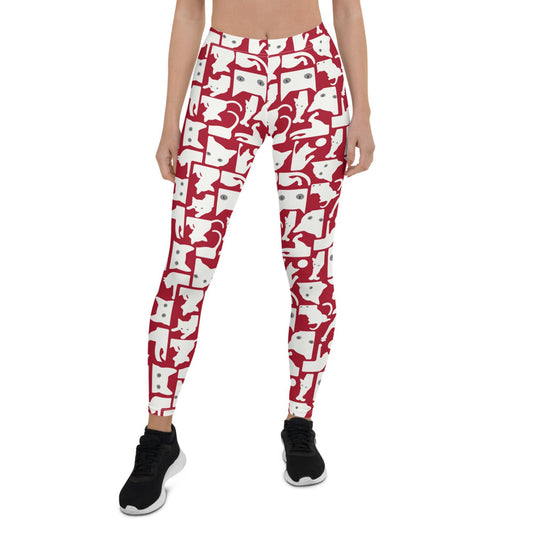 Womens White Cat Silhouette on Red Leggings - Anna's Shop